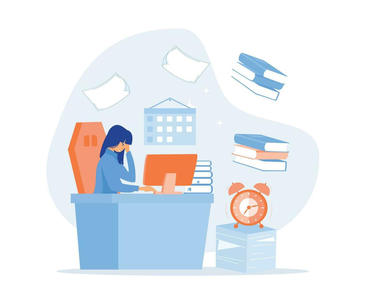 kontor deadline begrepp, överarbetad affärskvinna Sammanträde kontor skrivbord med en stor lugg av dokument. platt vektor modern illustration
