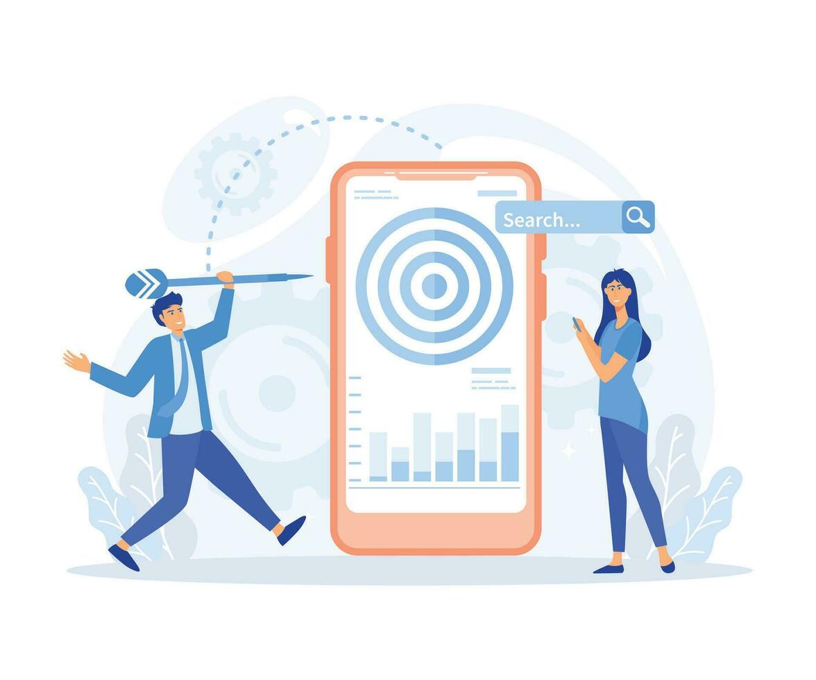 SEO Targeting und Performance Konzept. Zeichen diskutieren Marketing und SEO Strategie, eben Vektor modern Illustration