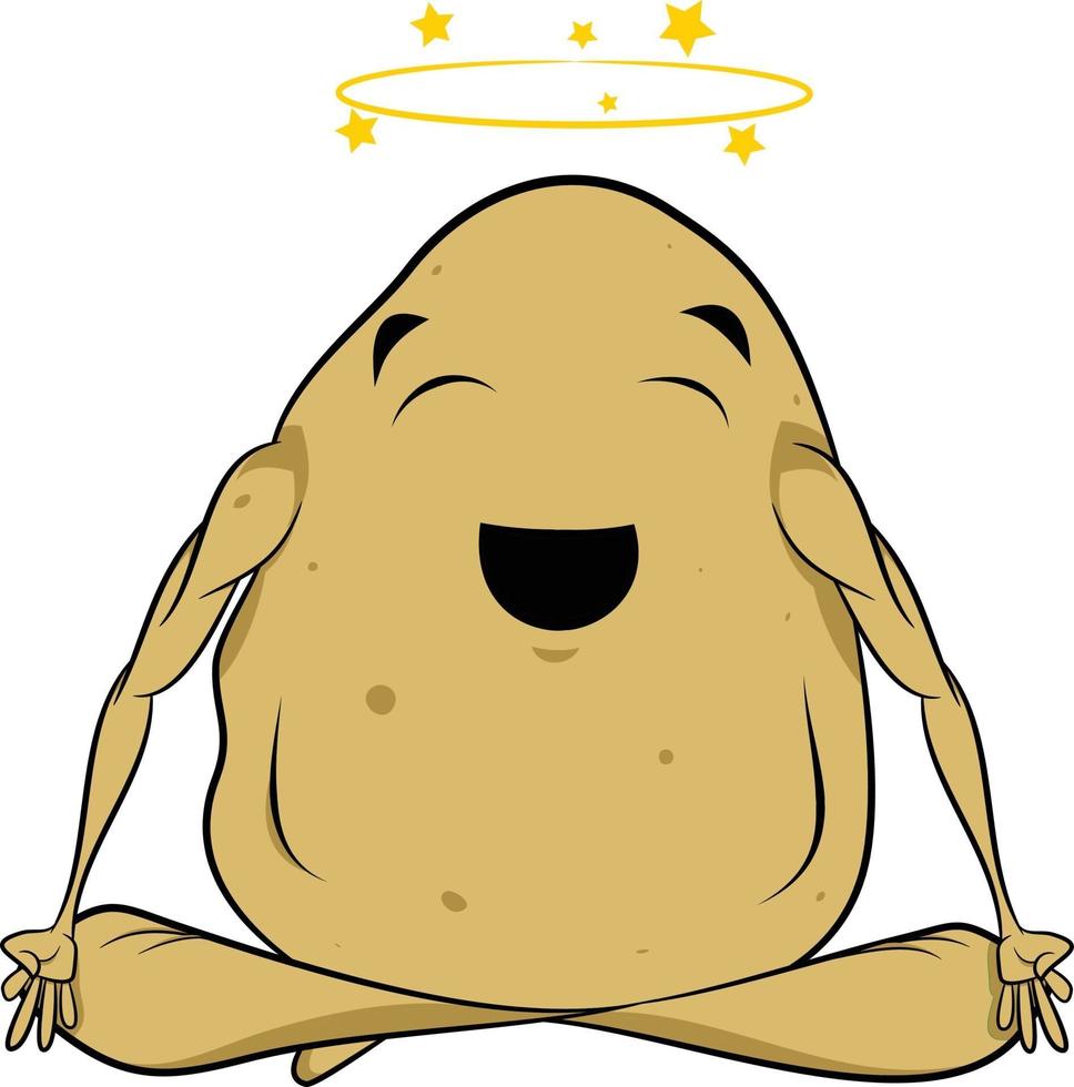 große fette glückliche Kartoffel, die beim Meditieren lächelt. lustiger Essenscharakter. vektor