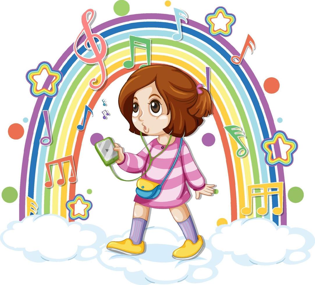 flicka med melodisymboler på regnbågen vektor