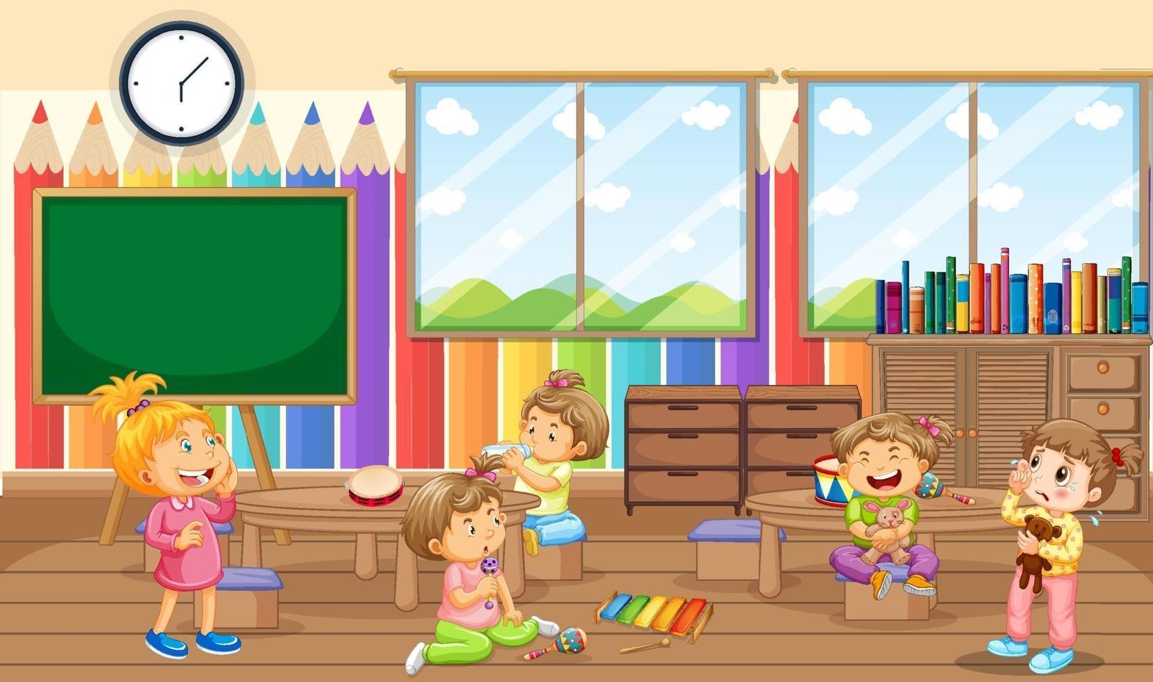 Kindergartenraumszene mit vielen kleinen Kindern vektor