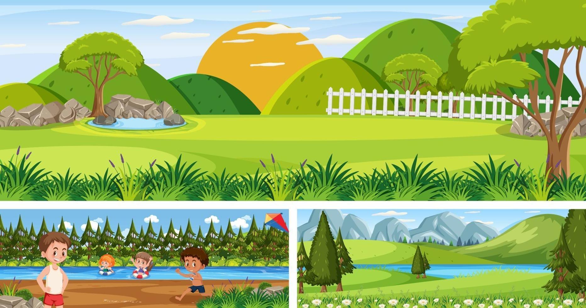 Reihe verschiedener Landschaftsszenen im Freien mit Zeichentrickfigur vektor