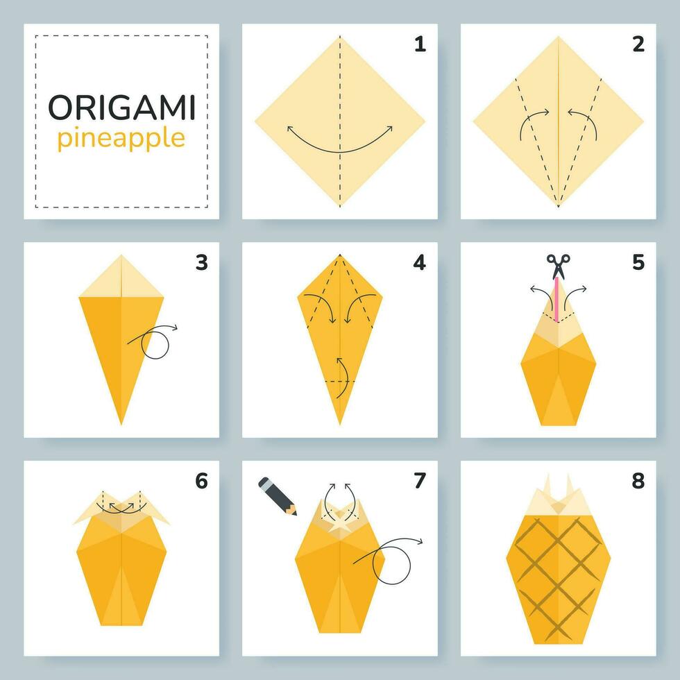 Ananas Origami planen Lernprogramm ziehen um Modell. Origami zum Kinder. Schritt durch Schritt Wie zu machen ein süß Origami Frucht. Vektor Illustration.