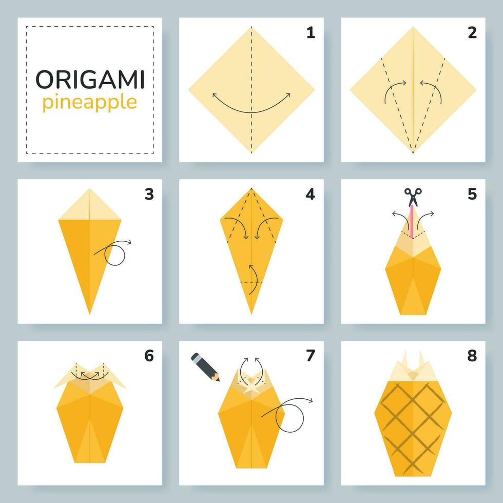 ananas origami schema handledning rör på sig modell. origami för ungar. steg förbi steg på vilket sätt till göra en söt origami frukt. vektor illustration.
