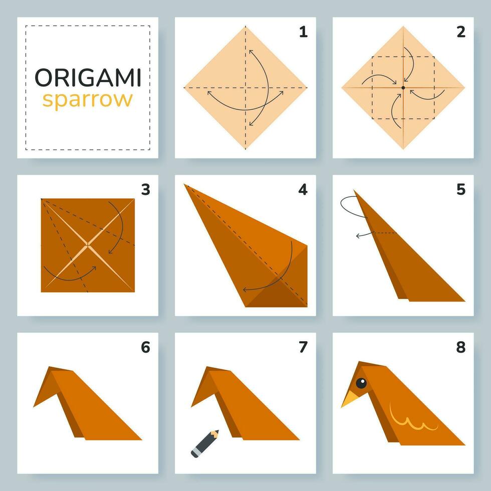 Vogel Origami planen Lernprogramm ziehen um Modell. Origami zum Kinder. Schritt durch Schritt Wie zu machen ein süß Origami Vogel. Vektor Illustration.