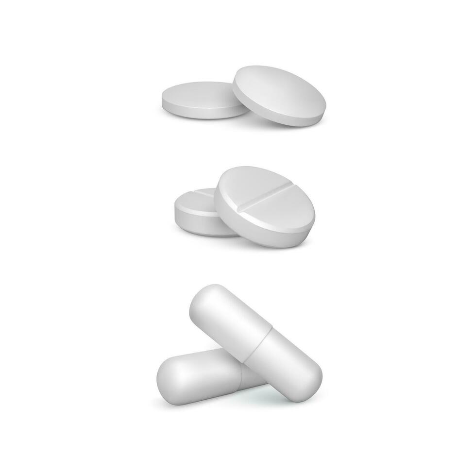 einstellen von realistisch Weiß Pillen. 3d machen Medizin Drogen oder Vitamine. Vektor Illustration isoliert auf Weiß Hintergrund