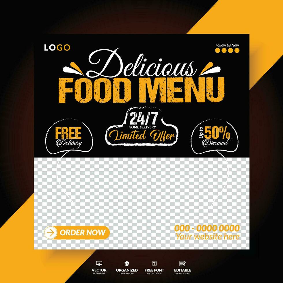 snabb mat meny och restaurang företag marknadsföring social media baner design mall. vektor