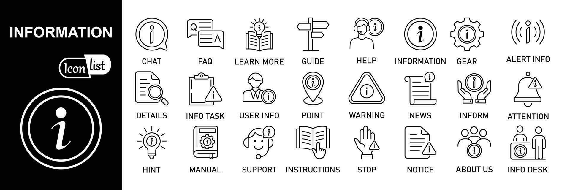 information enkel minimal tunn linje ikoner. som innehåller info, hjälp, underrätta, Stöd, Nyheter, handla om oss. vektor illustration.