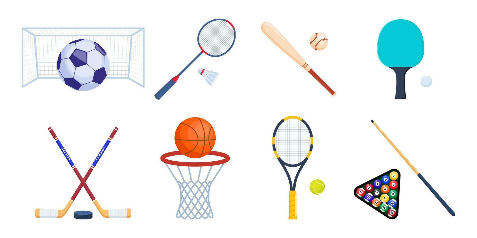 Sport Ausrüstung zum Tennis, Badminton, Baseball, Tabelle Tennis, Basketball, Billard, Fußball, Eishockey. Schläger, Bälle, Federball, Stock. Vektor Illustration.