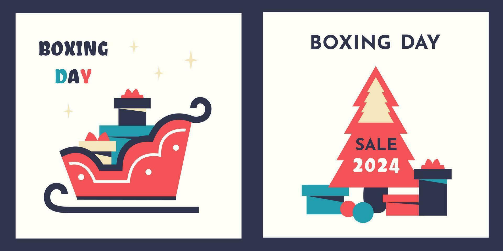Lieferung Geschenk Box durch klassisch traditionell Schlitten. Boxen Tag. Weihnachten die Geschenke. liefern Paket und Box im Santa Schlitten. Vektor Illustration