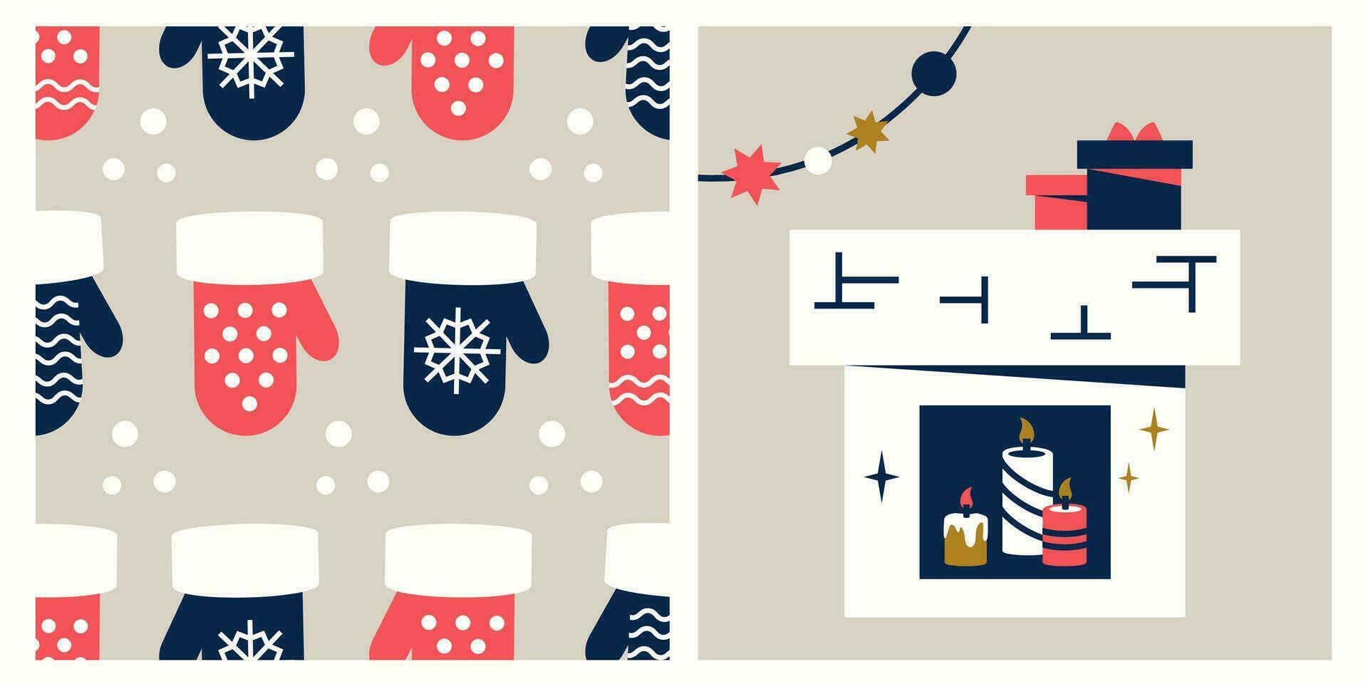 einstellen von Weihnachten Hintergründe. Stein Kamin mit Farbe elegant Kerzen, Geschenk Kisten, Licht. Blau und rot warm gestrickt Fäustlinge. Urlaub Dekorationen. Vektor eben Illustration zum Winter Design