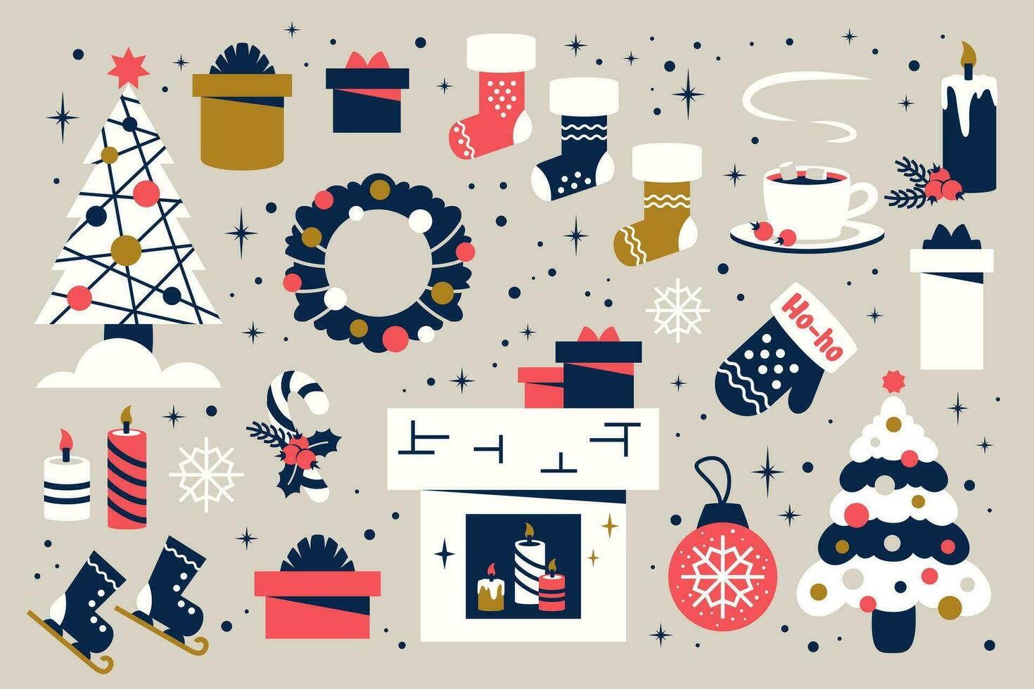 Lycklig ny år. jul dekorationer uppsättning. festlig träd, gif lådor, öppen spis, ljuv godis sockerrör, jul strumpor, öppen spis, skridskor. modern grejer bunt för vinter- Semester, klistermärken. vektor