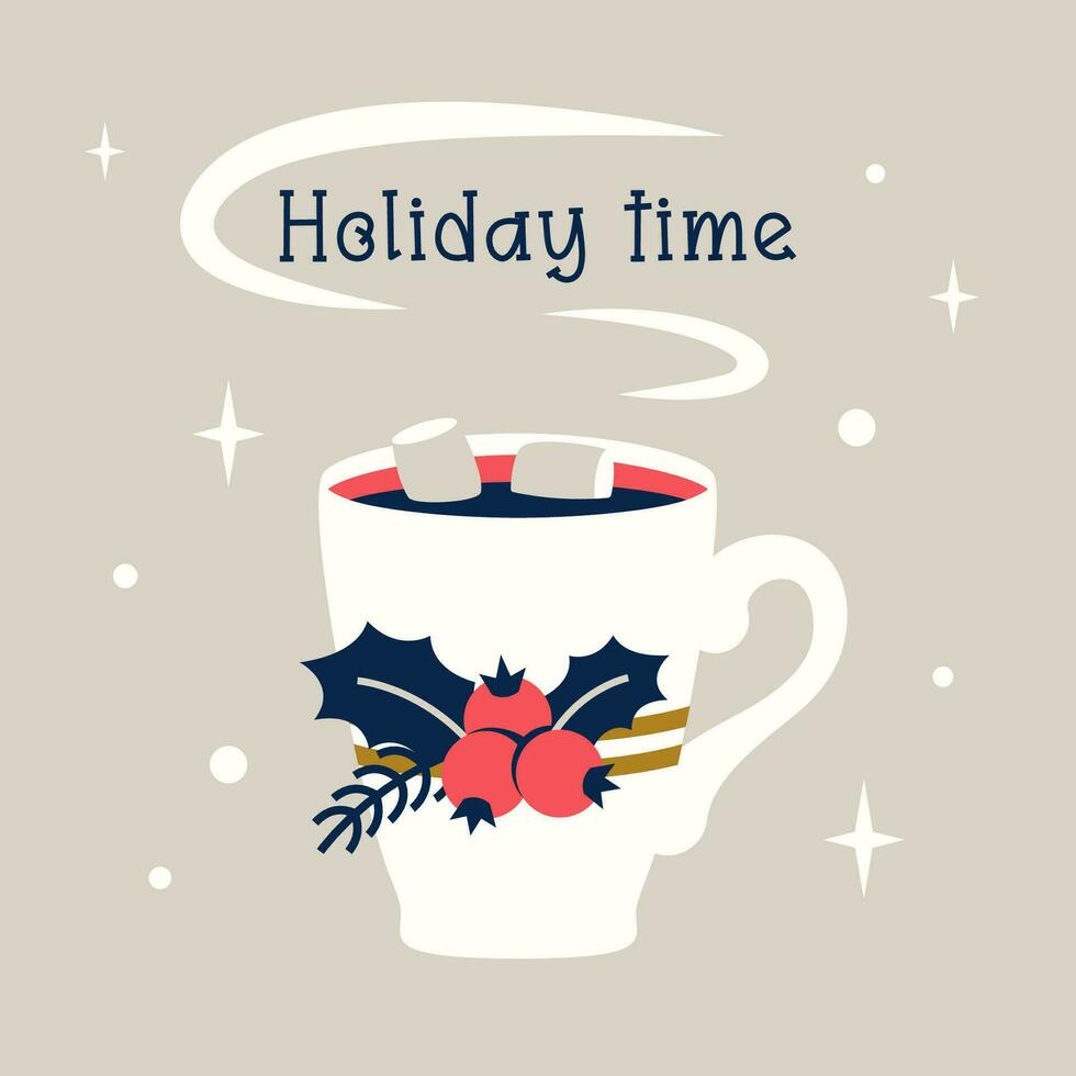 Weihnachten Karte. heiß Tee Tasse eingewickelt im stricken Schal. lecker Kakao, Latté, Cappuccino, dekoriert mit Fichte, Stechpalme, Beeren. Winter Jahreszeit warm Süss Getränk mit Marshmallows. Vektor eben Illustration