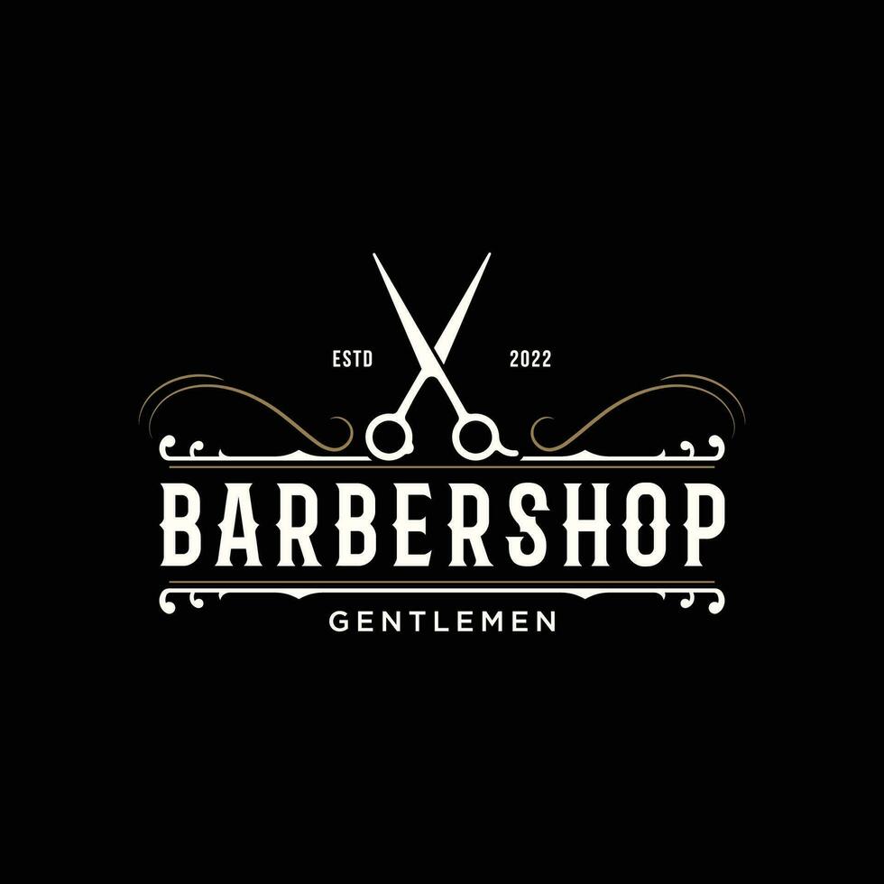 retro Jahrgang Friseur Haarschnitt und rasieren Logo Vorlage mit Haarschnitt Ausrüstung Design. Logo zum Geschäft, Emblem, Etikett, Barbier und Abzeichen. vektor