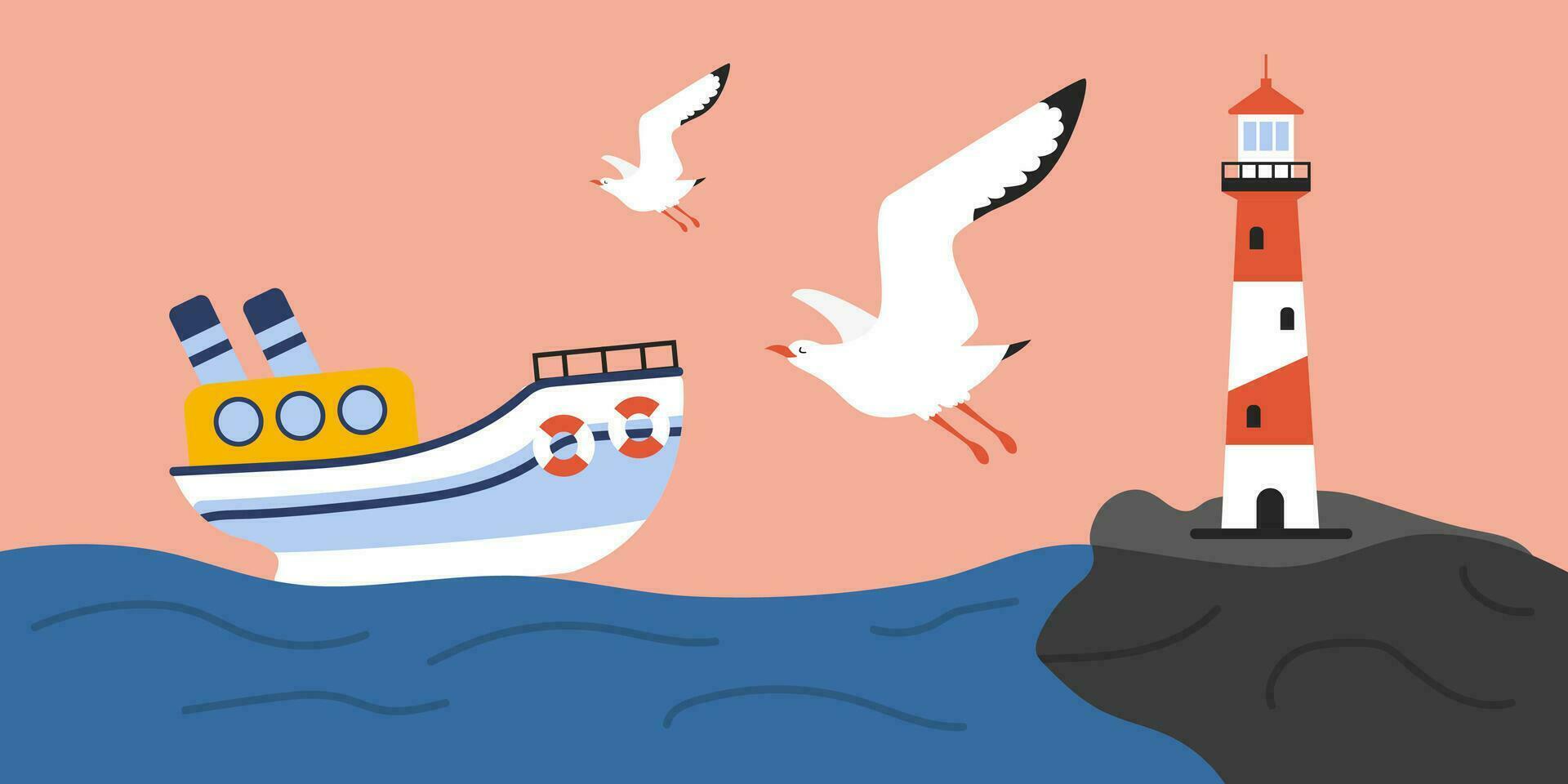 Landschaft mit Möwen, Meer und Himmel. Schiff, Leuchtturm und flattern Möwen. Vektor Illustration im Karikatur Stil. horizontal Banner. Poster, Postkarte, Karte. Kinder- Illustration.