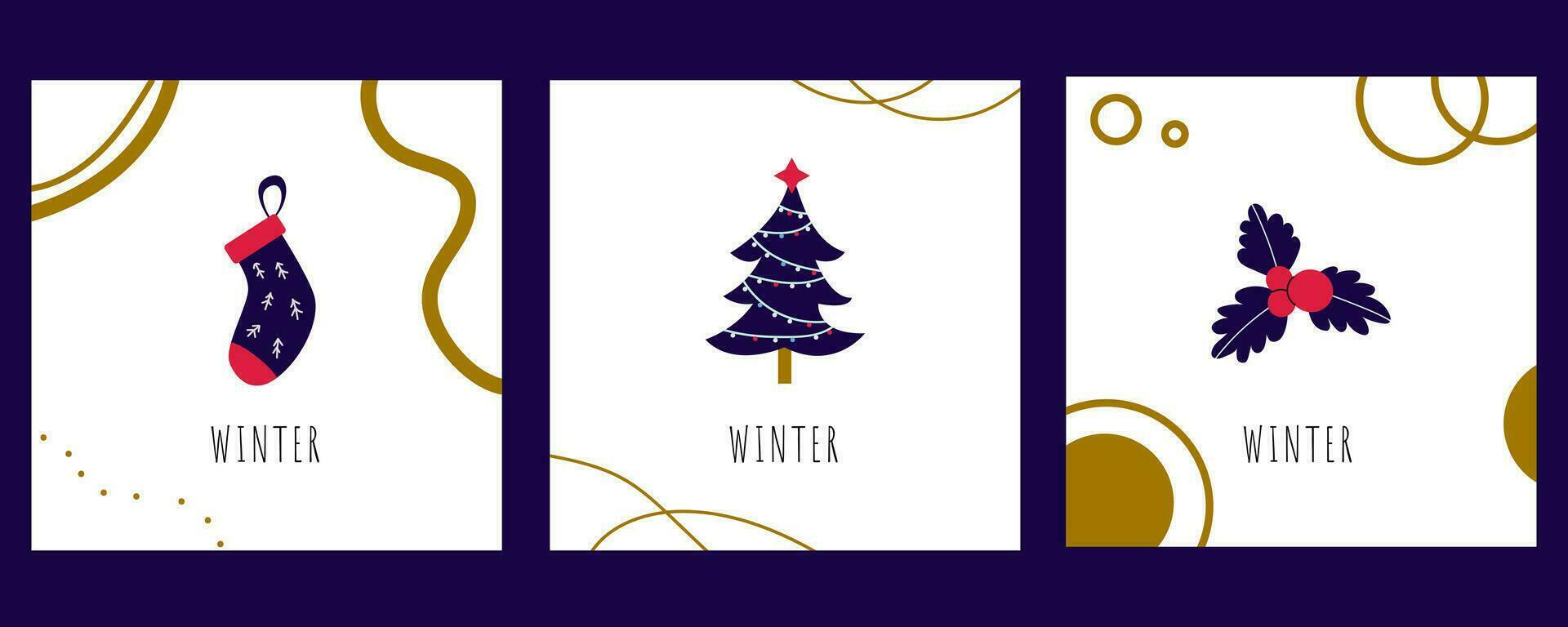 Vektor einstellen von Winter Gruß Karten mit Weihnachten Baum, Socke, Dekor. Gruß Karte, Poster, Vorlage. minimalistisch stilvoll Gruß Karte mit Winter Thema. Hand gezeichnet Stil.