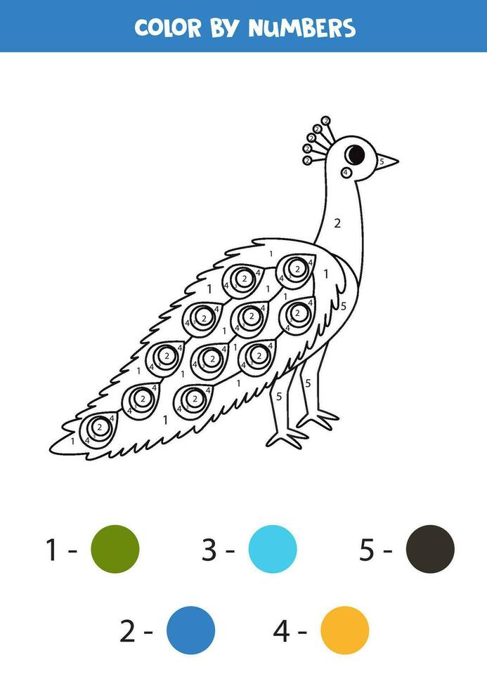 Färg tecknad serie påfågel förbi tal. kalkylblad för ungar. vektor