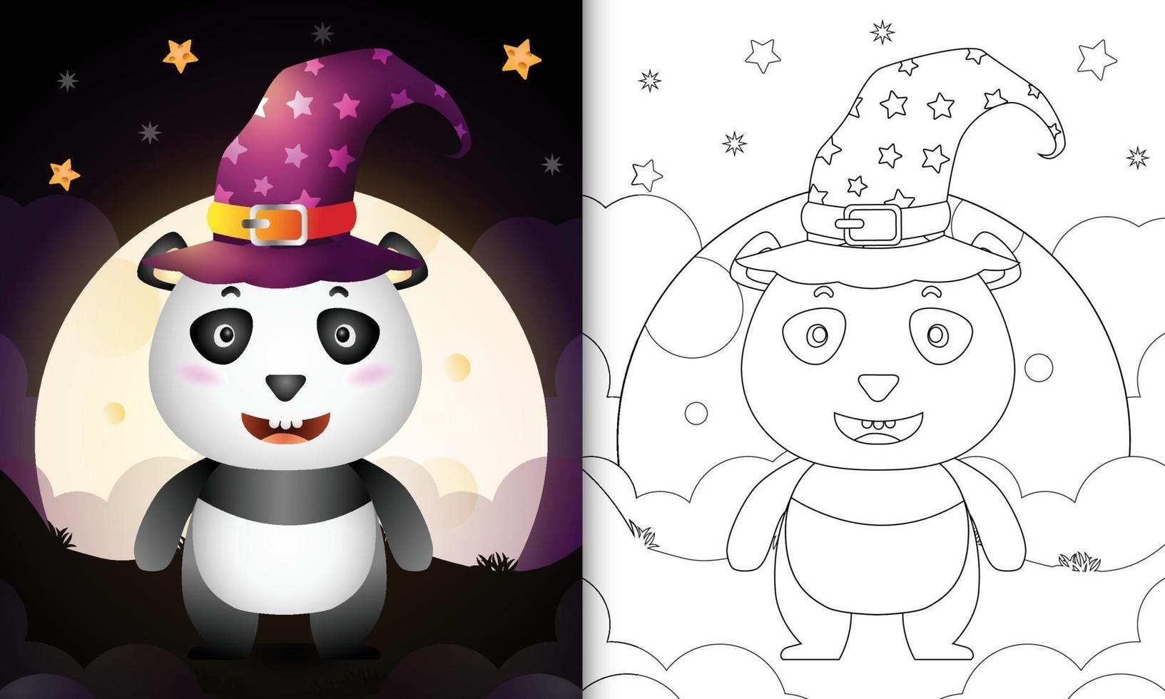 Malbuch mit einem niedlichen Cartoon Halloween Hexe Panda vor dem Mond vektor