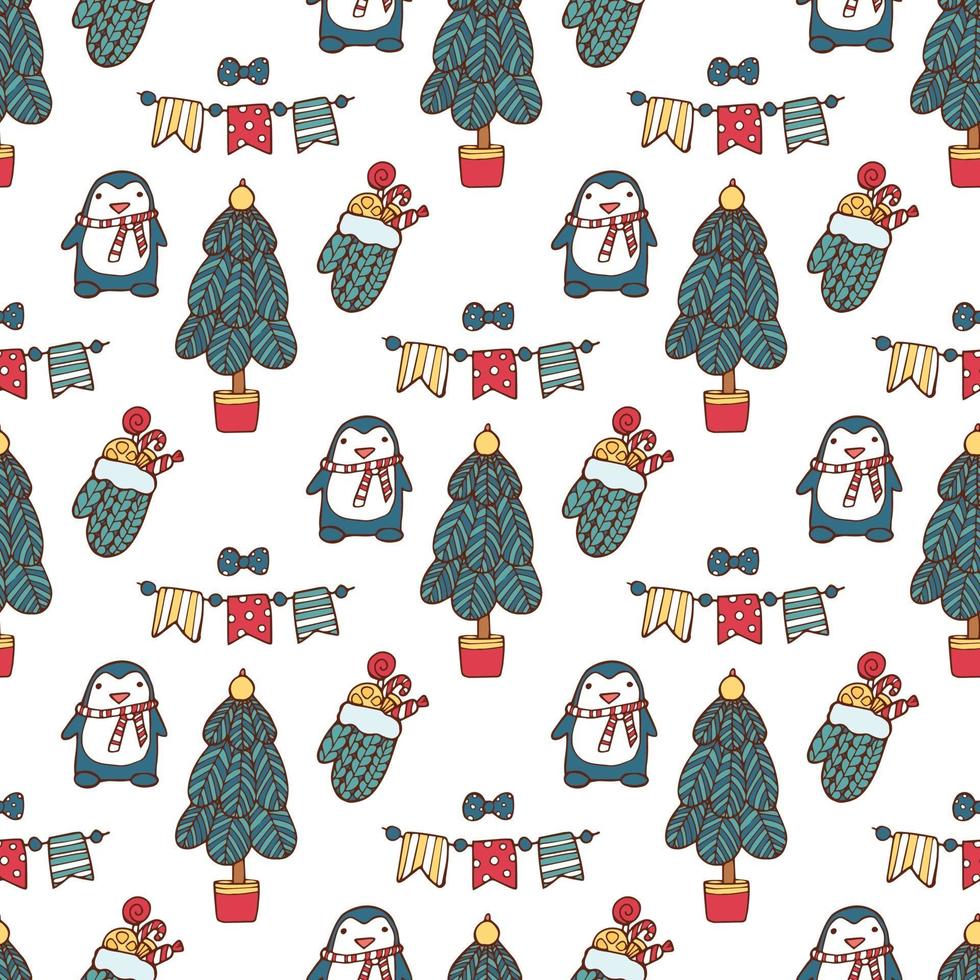 Stilvolles nahtloses Muster der frohen Weihnachten mit Pinguin, Baum, Geschenken vektor