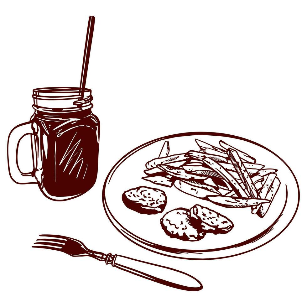 en glas av juice med en sugrör, franska pommes frites, klumpar, en gaffel. vektor illustration av mat i grafisk stil. design element för menyer av restauranger, kaféer, mat etiketter, täcker, kort.