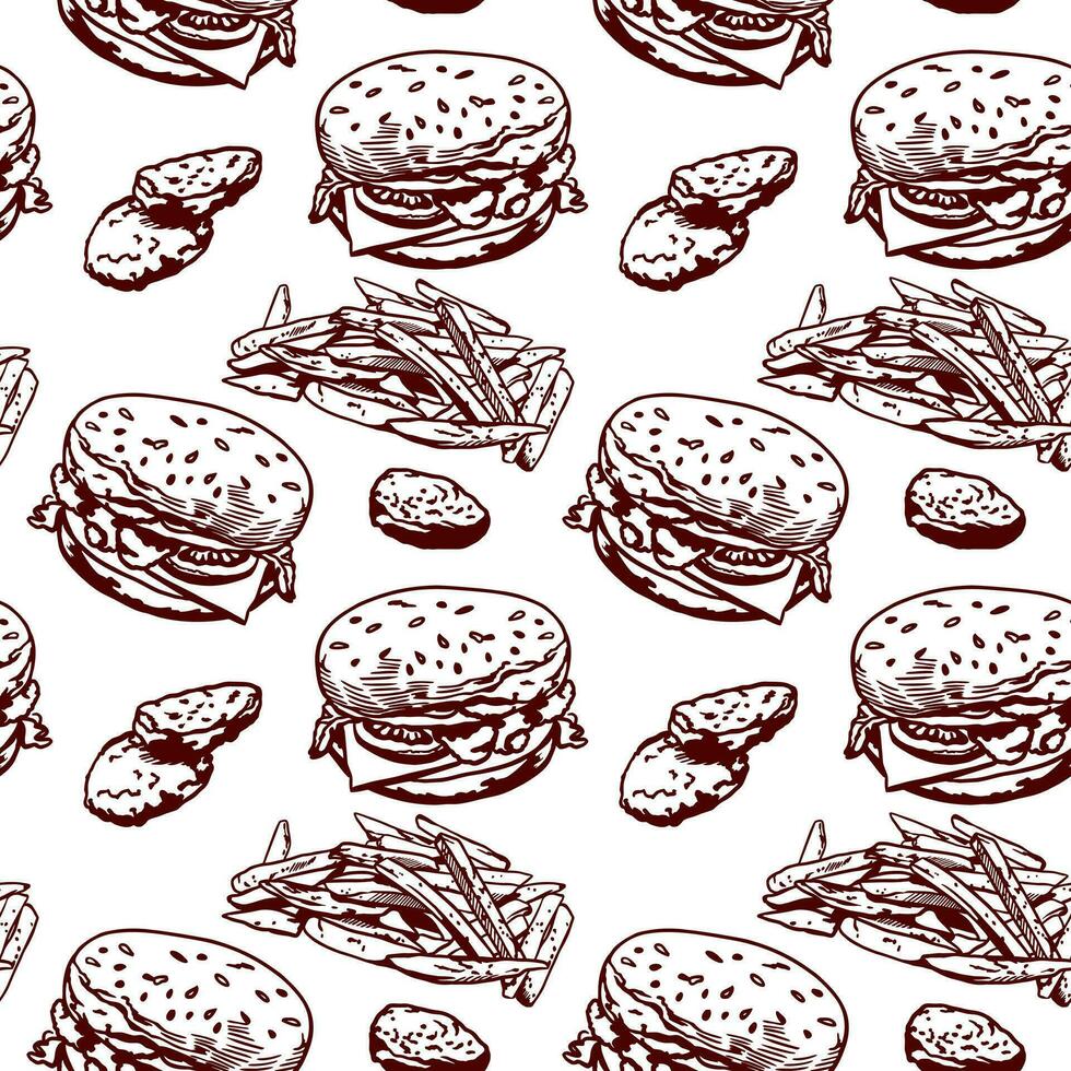 Burger, Fritten und Nuggets. Vektor Illustration von ein nahtlos Muster im Grafik Stil. Design Element zum Menüs von Restaurants, Cafés, Essen Etiketten, Abdeckungen, Verpackung Papier.