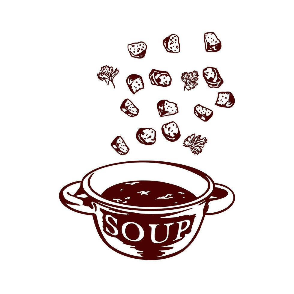 ein Schüssel von Suppe und fliegend Croutons. Vektor Illustration von Essen im Grafik Stil. Design Element zum Menüs von Restaurants, Cafés, Snack Riegel, Essen Etiketten, Abdeckungen.