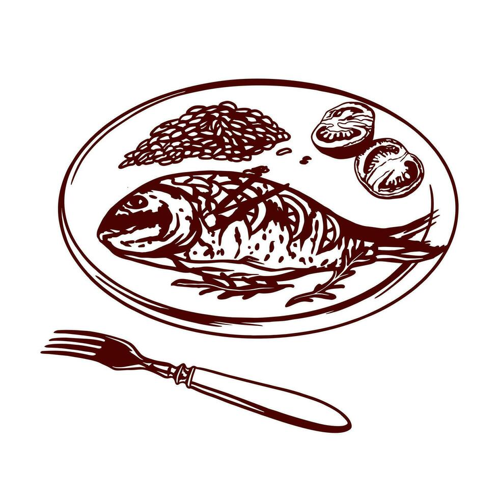 fisk, ris, tomater på en tallrik, gaffel. vektor illustration av mat i grafisk stil. design element för menyer av restauranger, kaféer, mat etiketter, täcker, kort.