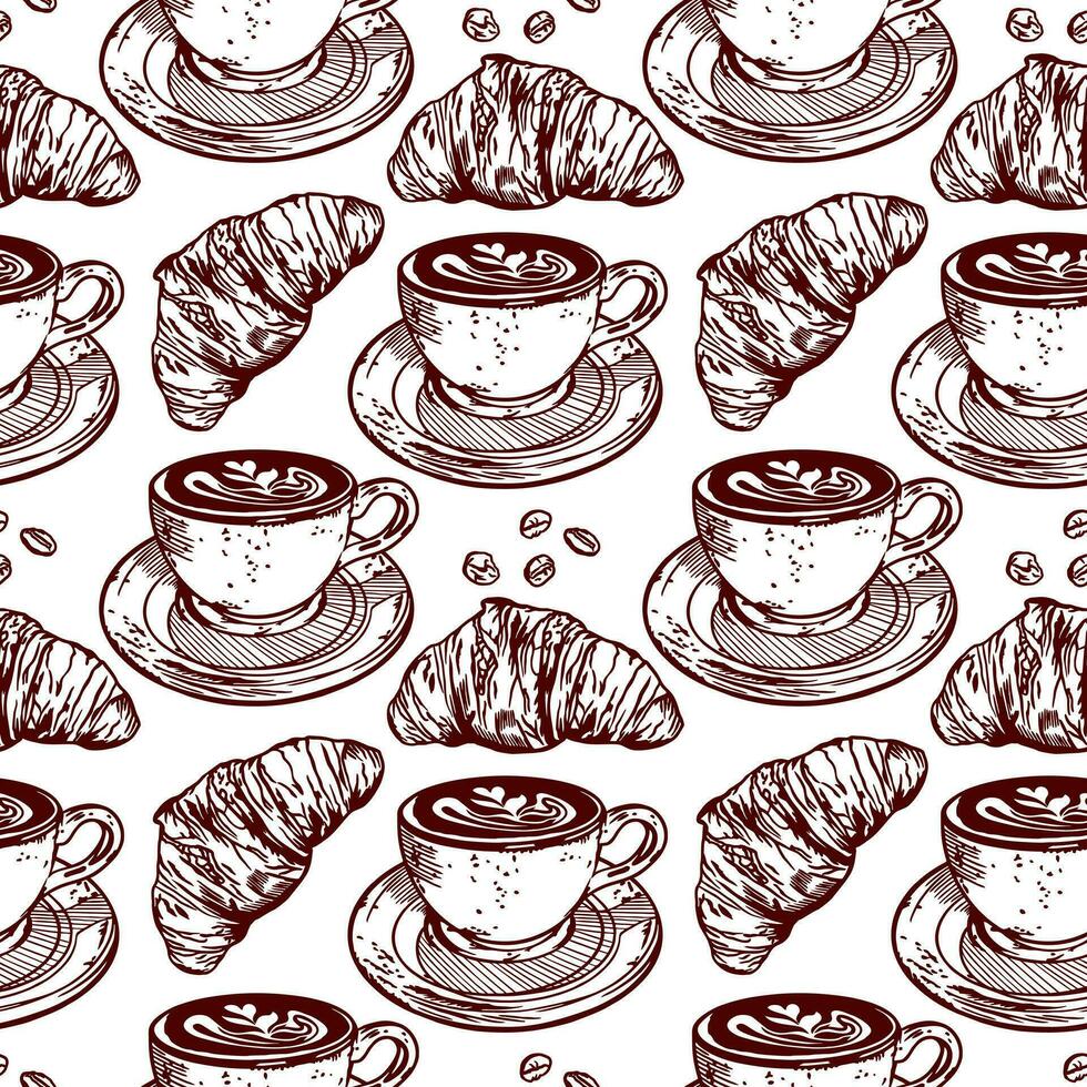 Croissants, Tasse von Kaffee, Kaffee Bohnen. Vektor Illustration von ein nahtlos Muster im Grafik Stil. Design Element zum Menüs von Restaurants, Cafés, Essen Etiketten, Abdeckungen, Verpackung Papier.