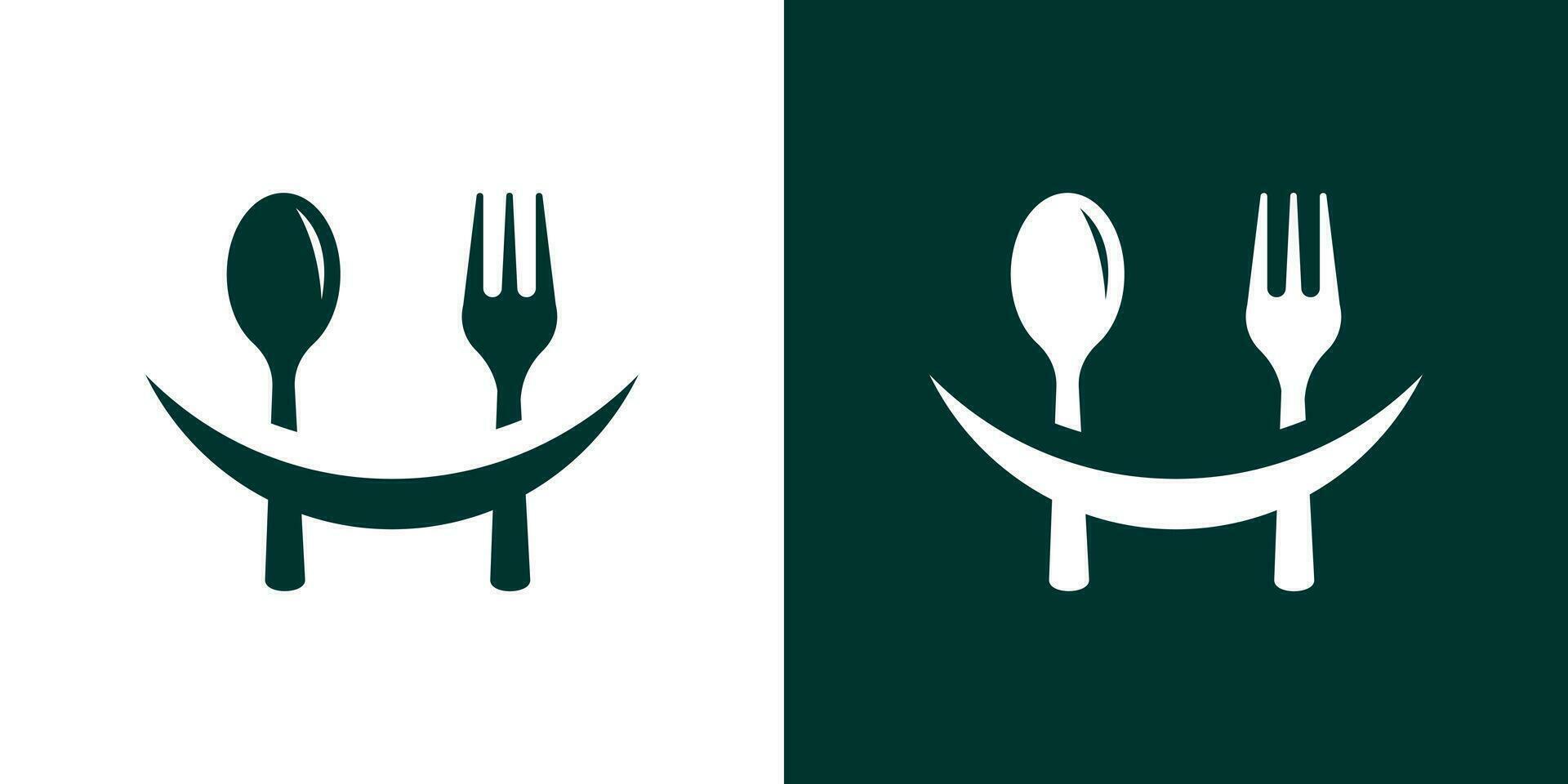 Logo Design kombinieren ein Lächeln mit ein Löffel und Gabel zum Essen Design. vektor