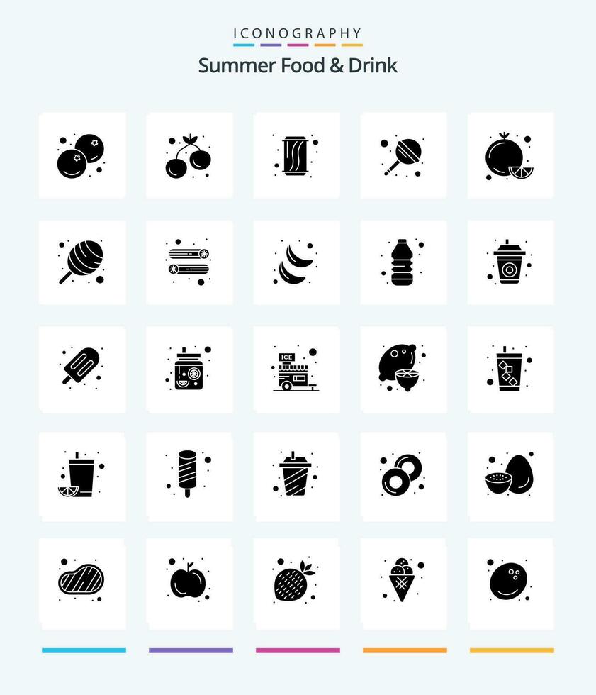 kreativ sommar mat dryck 25 glyf fast svart ikon packa sådan som citrus. klubba. ljuv. klubba. soda vektor