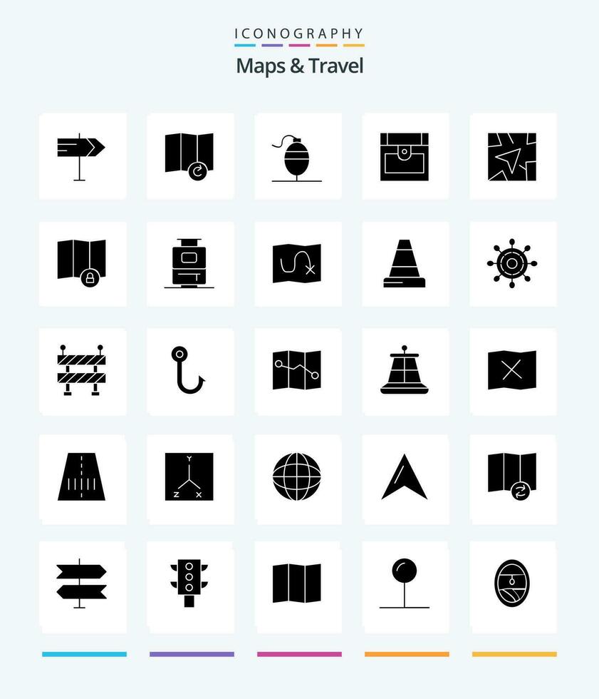 kreativ Karten Reise 25 Glyphe solide schwarz Symbol Pack eine solche wie Tasche. sperren. Brust. Standort. Navigation vektor
