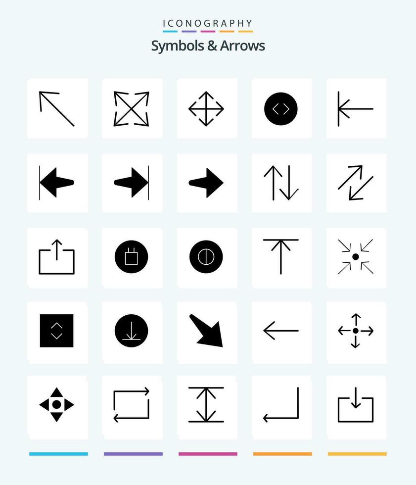 kreativ symboler pilar 25 glyf fast svart ikon packa sådan som Avsluta. pil. omvandla. Start. pil vektor
