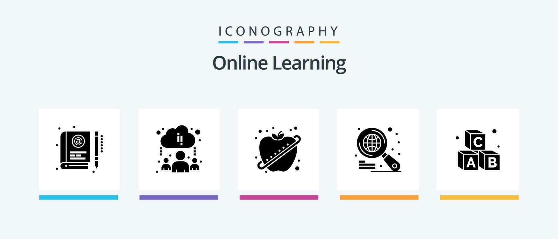 uppkopplad inlärning glyf 5 ikon packa Inklusive inlärning. alfabet. äpple. Sök. klot. kreativ ikoner design vektor