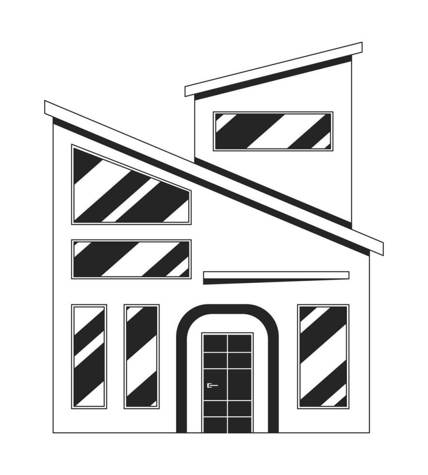 modern hus med sluttande tak svart och vit 2d linje tecknad serie objekt. herrgård verklig egendom isolerat vektor översikt Artikel. byggnad exteriör lyx. bostads- Hem enfärgad platt fläck illustration