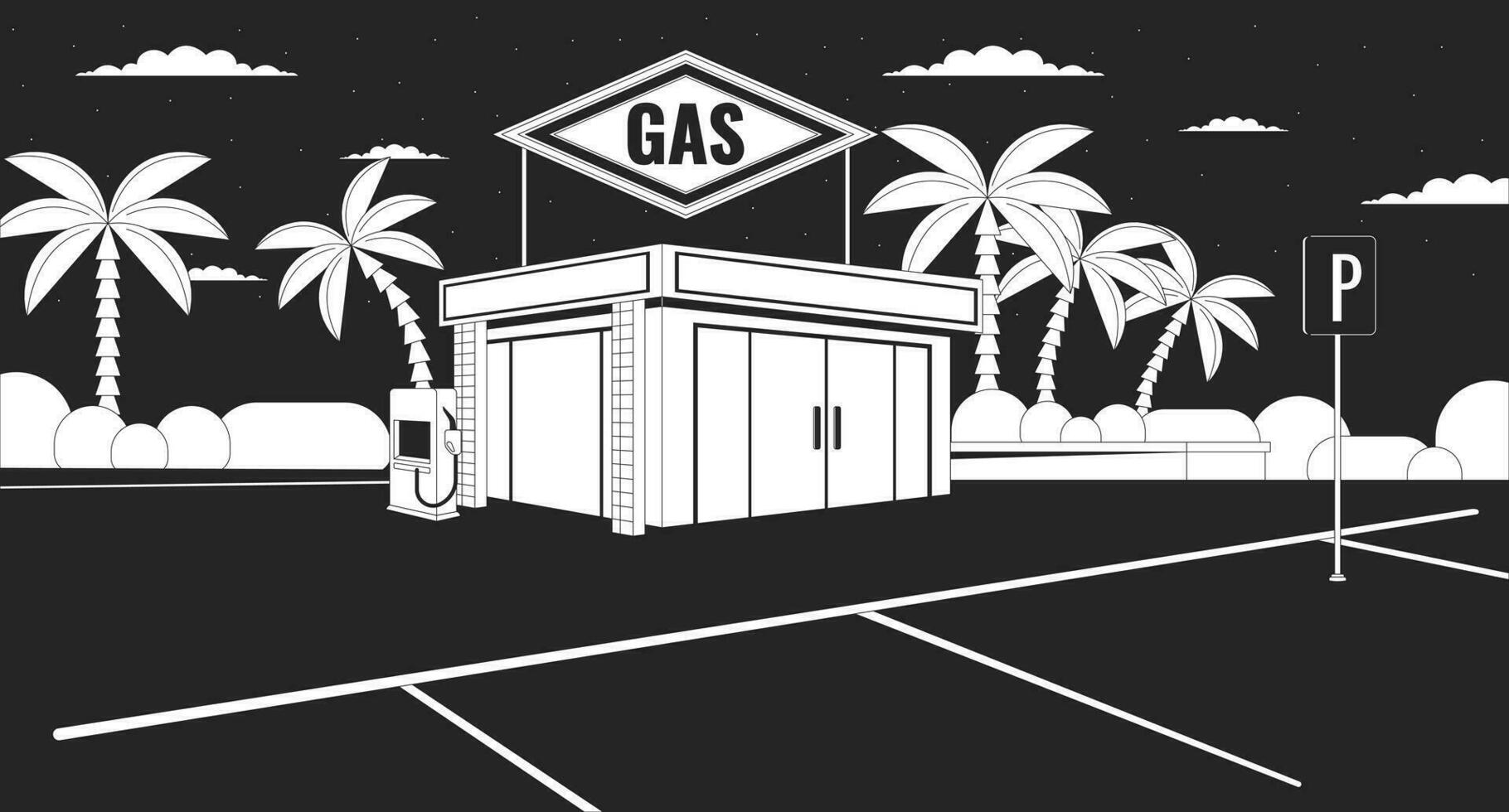 gas station bekvämlighet Lagra nattetid svart och vit lofi tapet. midnatt bensin affär 2d översikt stadsbild tecknad serie platt illustration. folktom natt scen vektor linje lo fi estetisk bakgrund