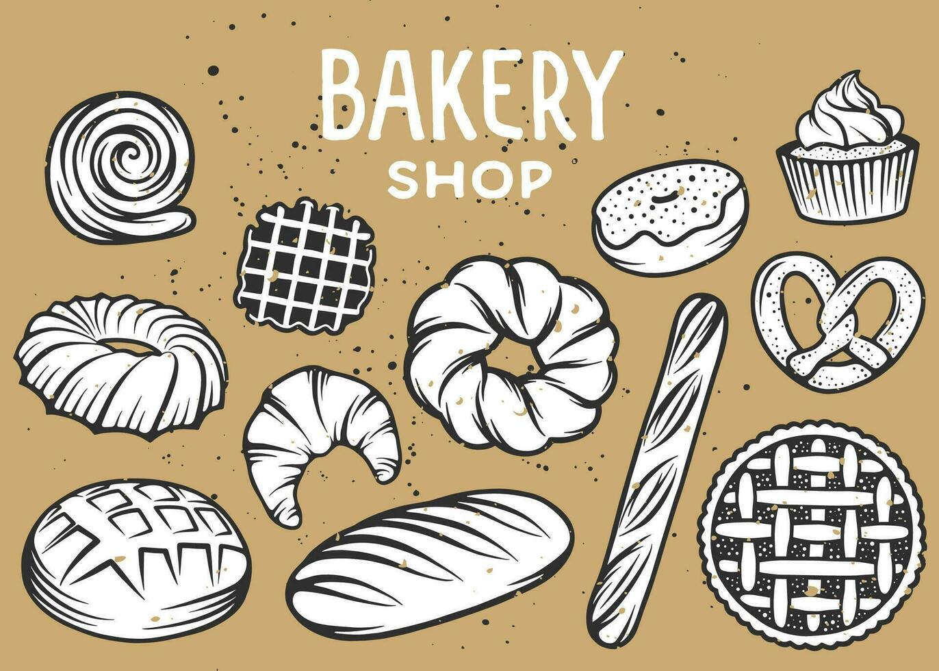 uppsättning av vektor bageri graverat element. typografi design med bröd, bakverk, paj, bullar, sötsaker, cupcake. samling av modern linjär grafisk på vit bakgrund. bageri affär. topp se.