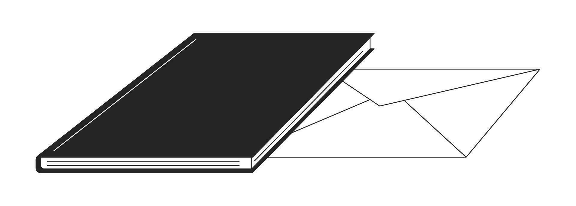 Hardcover Notizbuch Briefumschlag schwarz und Weiß 2d Linie Karikatur Objekt. Büro Ausrüstung Schreiben Pad isoliert Vektor Gliederung Artikel. Schreibwaren Büro liefert Brief monochromatisch eben Stelle Illustration