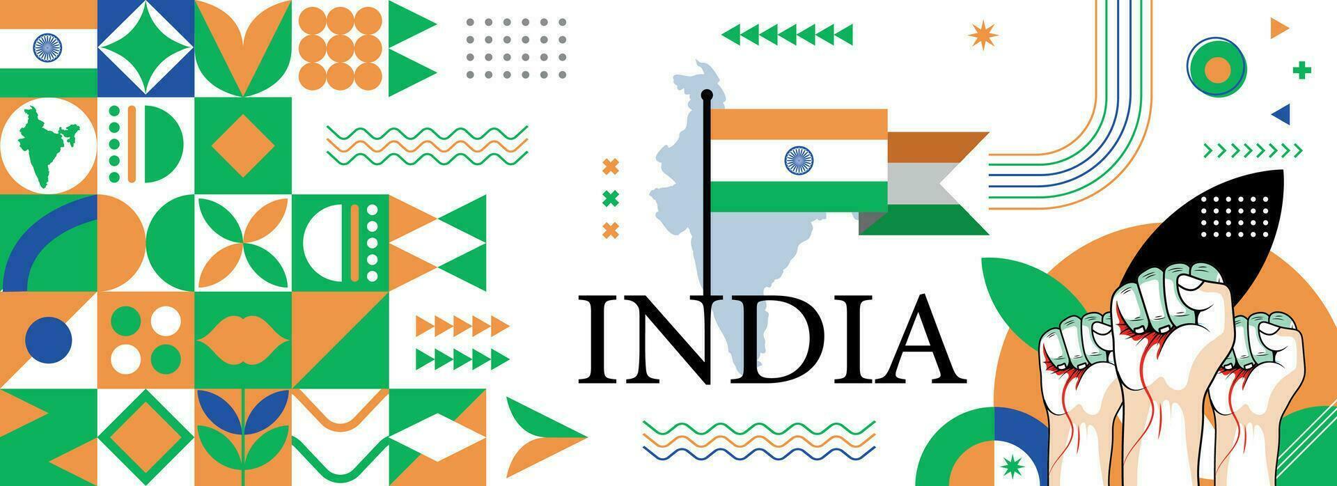 Indien nationell eller oberoende dag baner design för Land firande. flagga och Karta av Indien med Uppfostrad nävar. modern retro design med abstrakt geometrisk ikoner. vektor illustration.