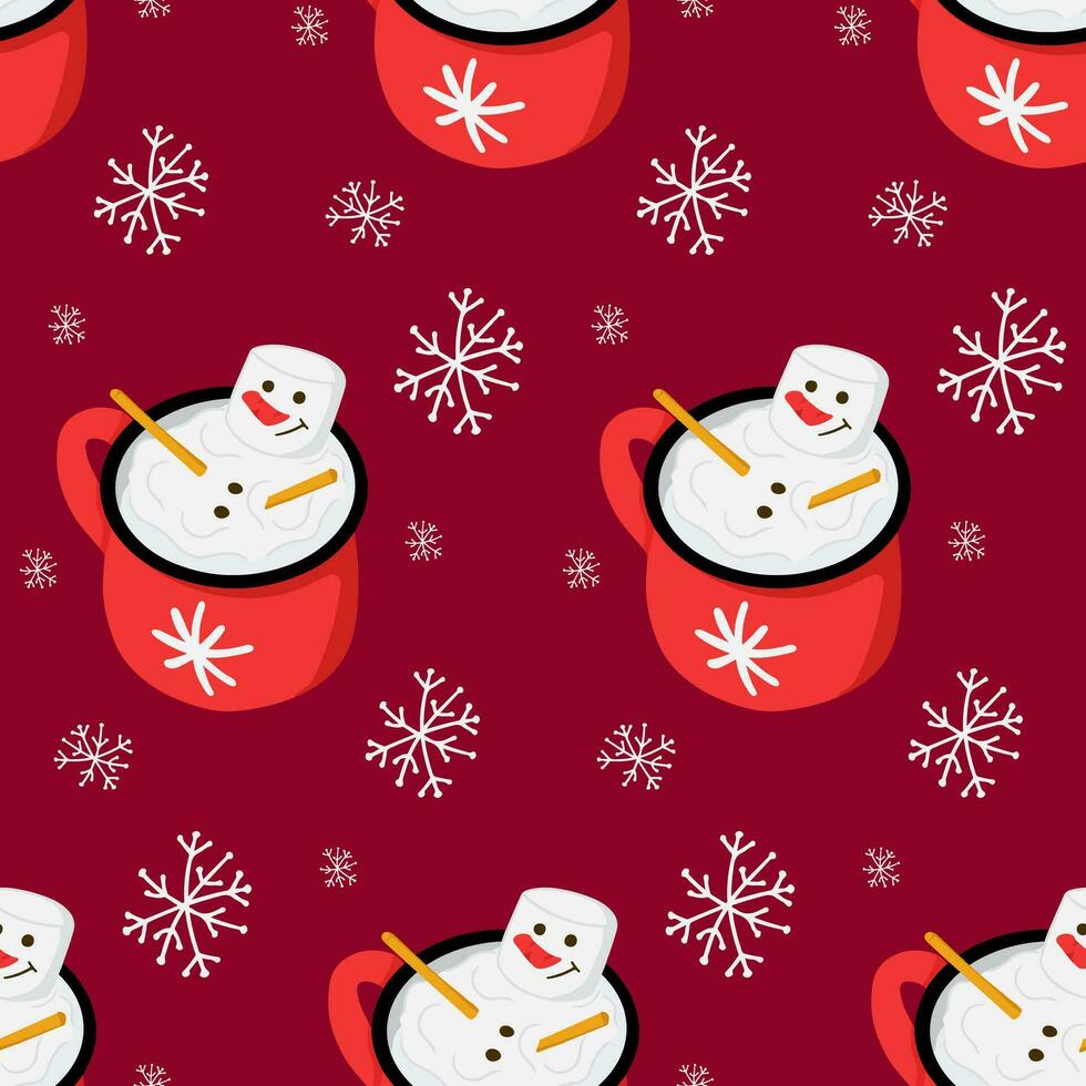 Winter heiß Schokolade und Mäusespeck Schneemann im ein Becher nahtlos Muster. süß und komisch kindisch Design auf dunkel rot Hintergrund. Ideal zum Dekoration, Verpackung Papier, Textil, Hintergrund vektor