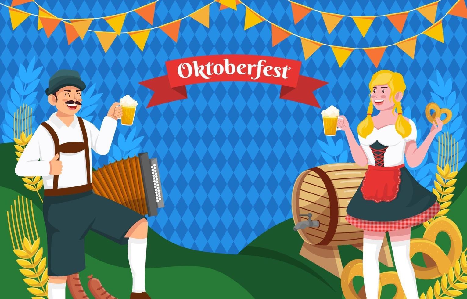 oktoberfest flache vektorillustration. Bierzelt. Volksmusik und Tänze.  Bierfest, Oktoberfest-Show. Kellner in Trachten. Besucher mit Tassen Alkohol.  Zeichentrickfiguren zum Volksfest 2804537 Vektor Kunst bei Vecteezy