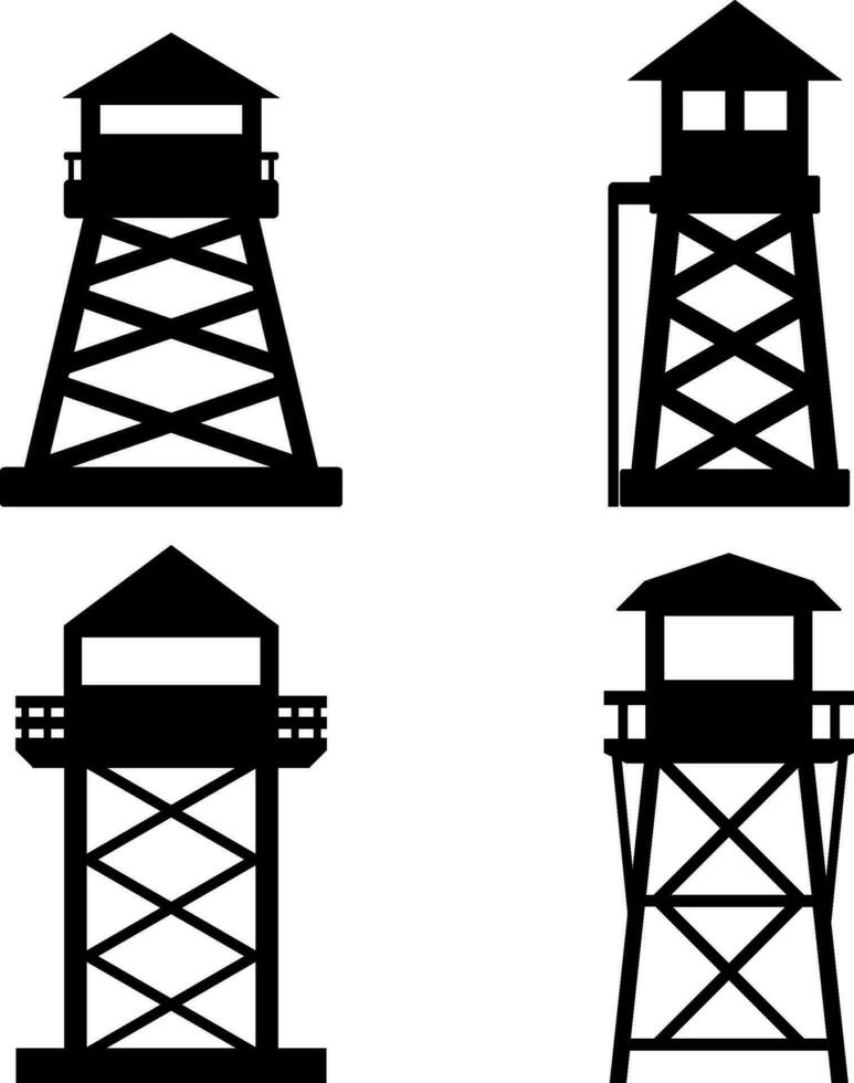 Wachturm Symbol Satz. bewachen Turm Silhouette zum Symbol, Symbol oder unterzeichnen. bewachen Post Symbol zum Sicherheit, Gebiet, Militär, Gefängnis, Rand oder patrouillieren vektor