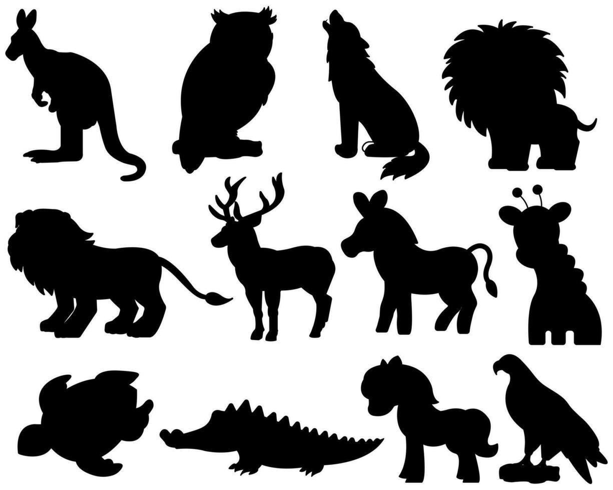 Sammlung von Tiere Silhouette von Bauernhof und wild Tier. Vektor eben schwarz einstellen Sammlung von Tiere Silhouette isoliert auf Weiß Hintergrund