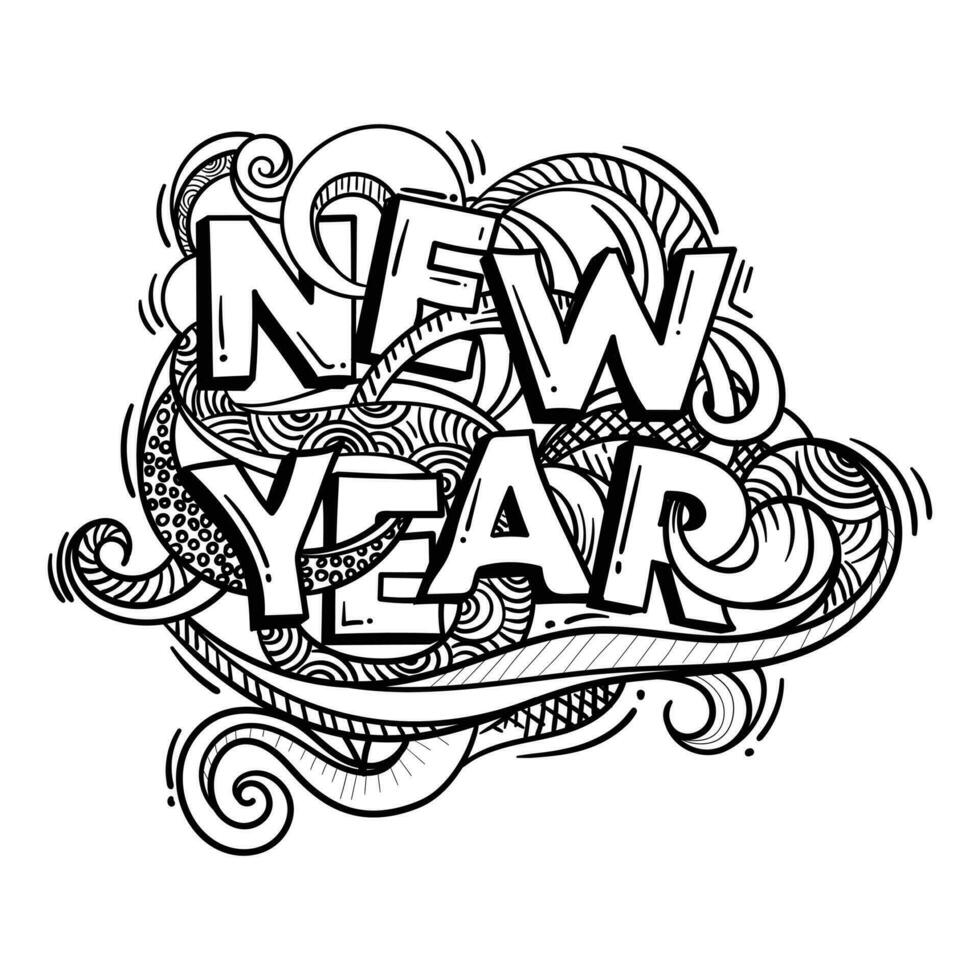 typografi av ny år i klotter konst med blommig design för Lycklig ny år firande mall vektor
