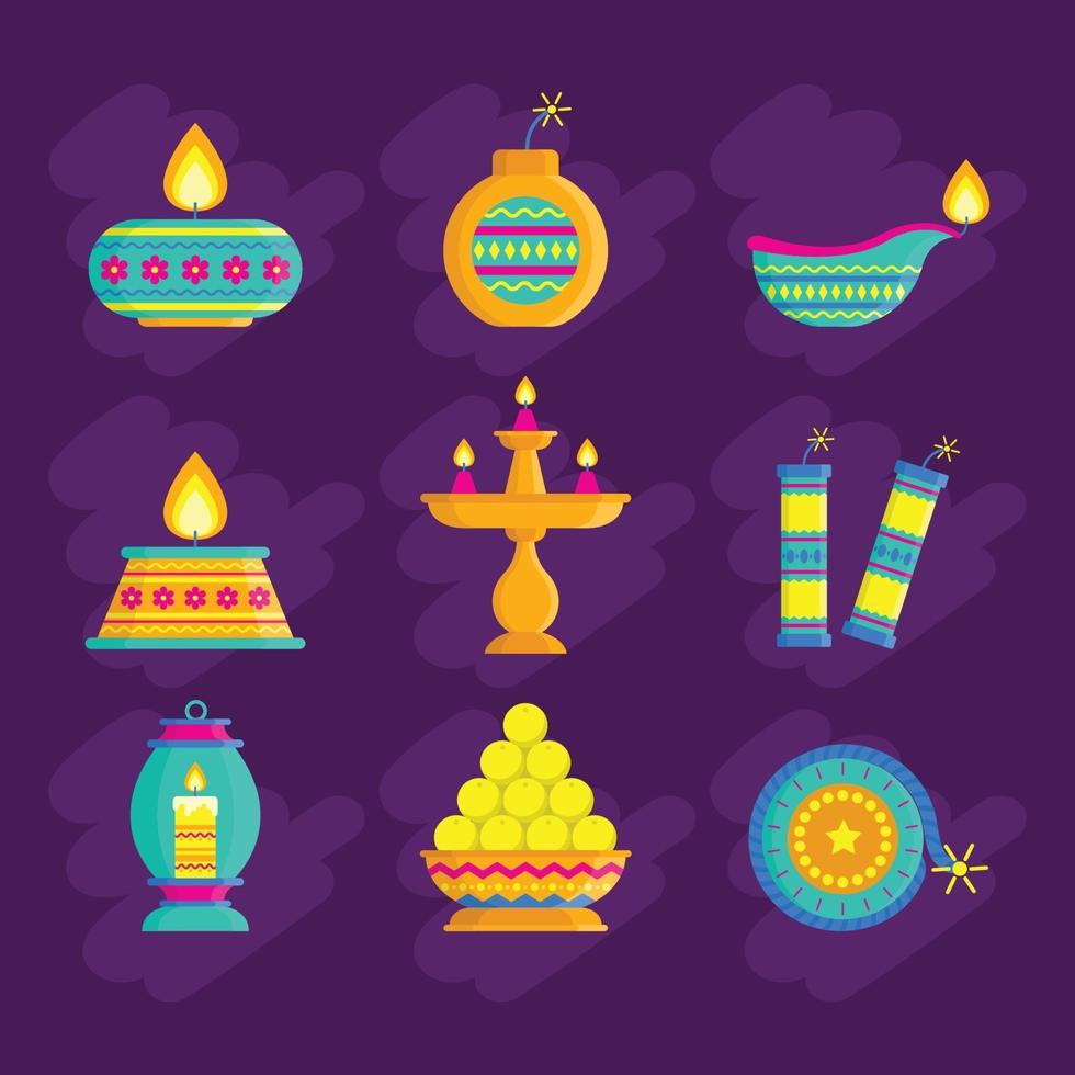 Reihe von Diwali-Festival-Symbolen vektor