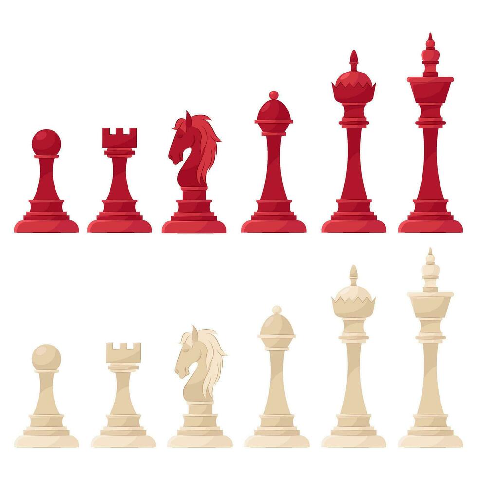 uppsättning av schack bitar. uppsättning av vektor illustrationer av schack i beige och röd färger på en vit bakgrund.
