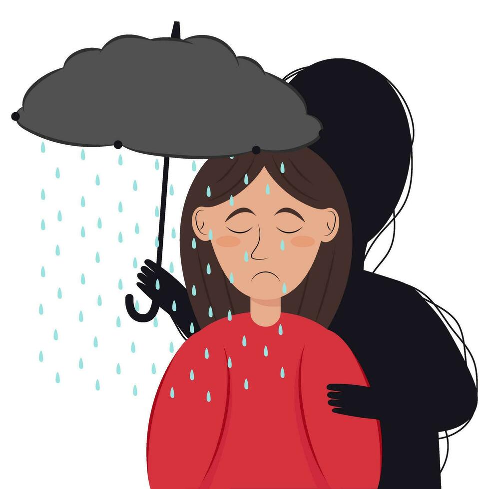 Depression, psychologisch Zustand. ein schwarz Silhouette über das Mädchen hält ein Regenschirm im das bilden von ein grau Wolke von welche es Regen. vektor