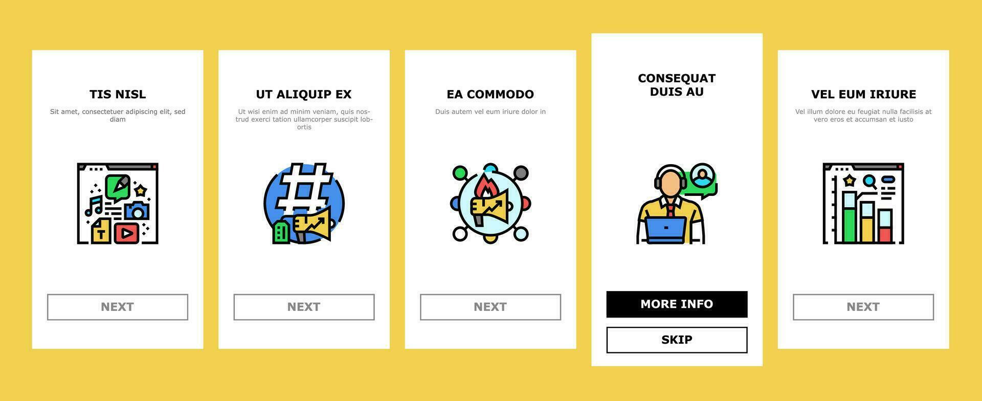 social media marknadsföring onboarding ikoner uppsättning vektor