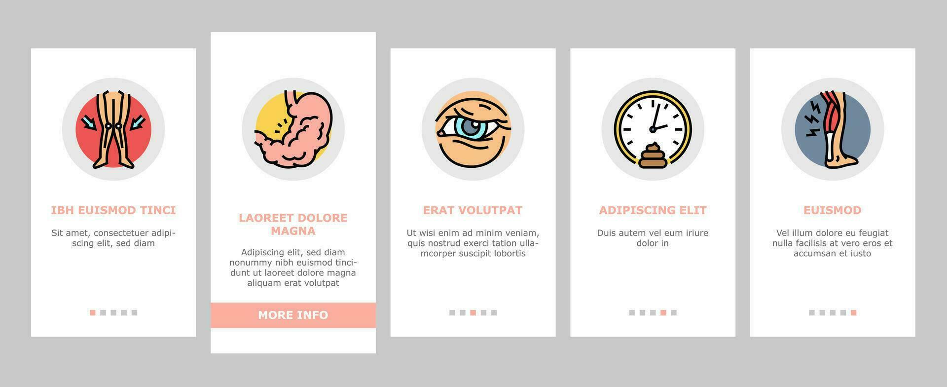 sjukdom symptom hälsa onboarding ikoner uppsättning vektor