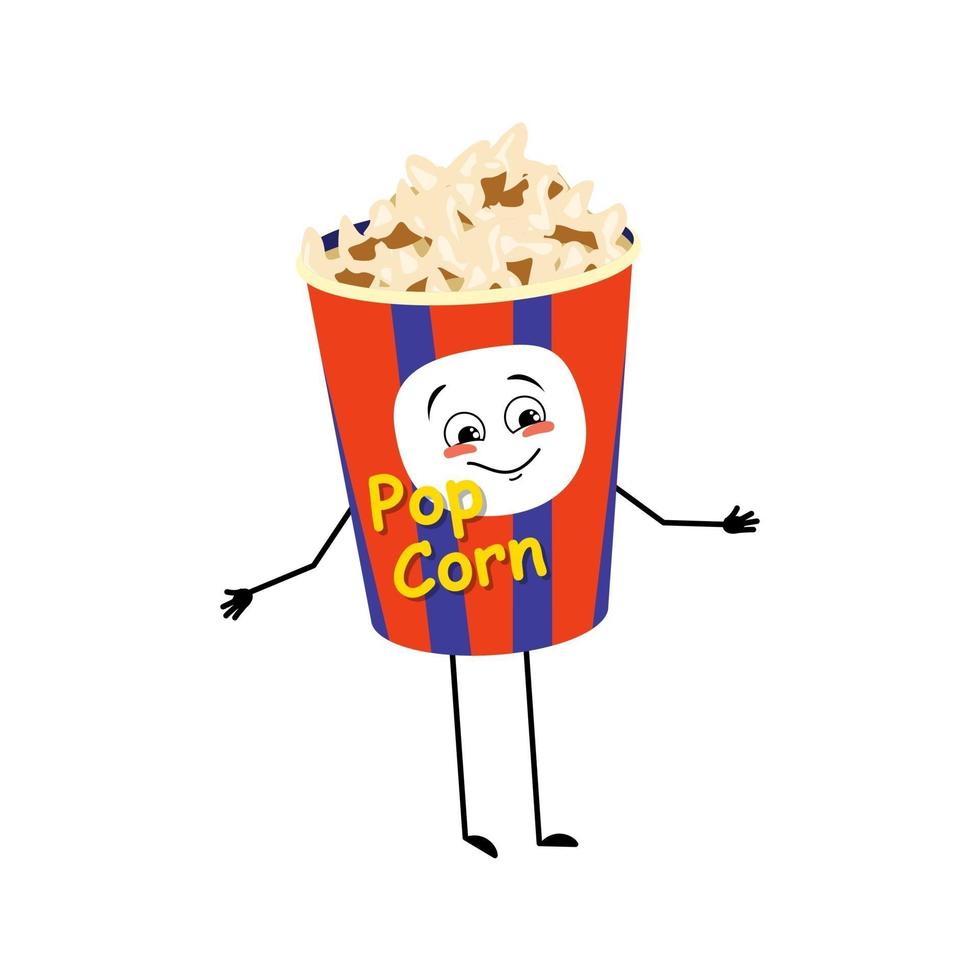 Popcorn-Charakter in einer Urlaubsbox mit glücklichen Emotionen, fröhlichem Gesicht vektor