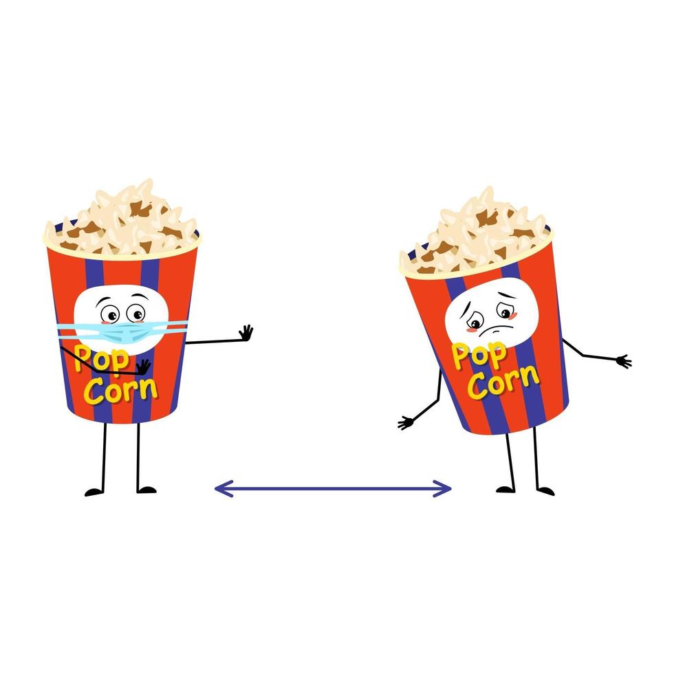 popcornkaraktär i en låda med sorgliga känslor mask håller avstånd vektor
